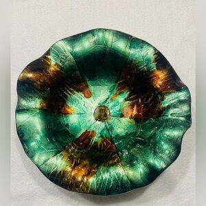Rare decorative ceramic bowl turquoise/brown wavy edges and shiny finish